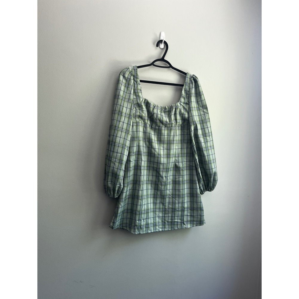 Princess Polly Green Plaid Square Neck Puff Sleeve Mini Dress Size US 4 Clueless
